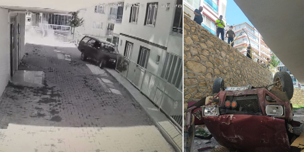 Park ettiği otomobil inmeden hareket etti, 6 metrelik duvardan böyle düştü
