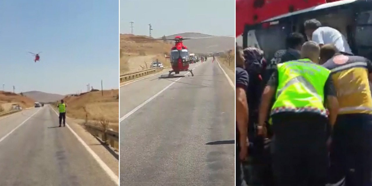 Konya'da devrilen araçtaki cam kemik hastası için havalanan ambulans helikopter kara yoluna indi