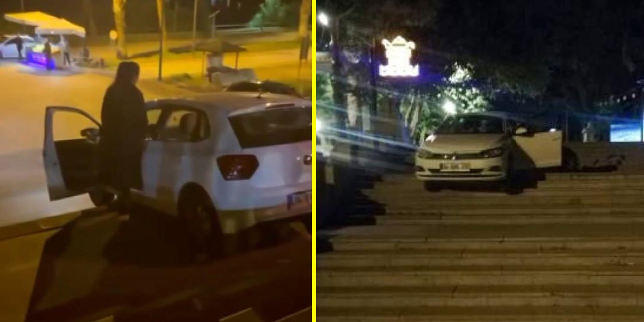 Alkollü kadın sürücü navigasyonda yaya yolunu açınca merdivende asılı kaldı