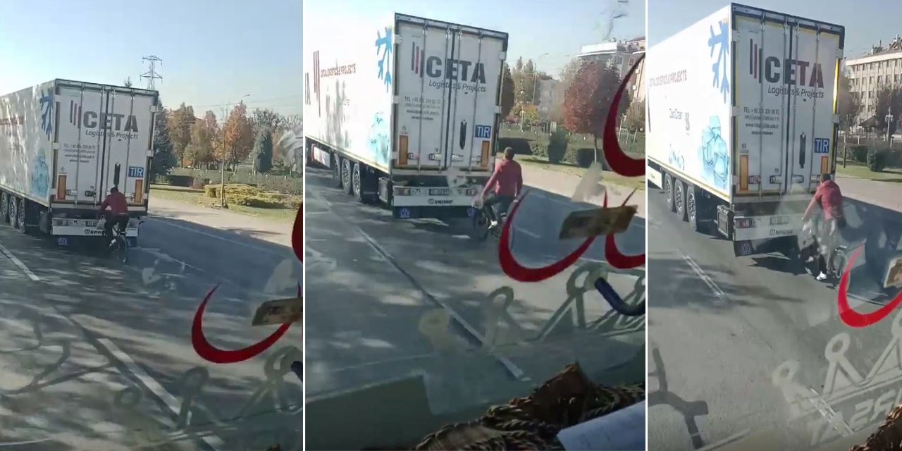 Konya’da bisiklet sürücüsünün tehlikeli yolculuğu kamerada