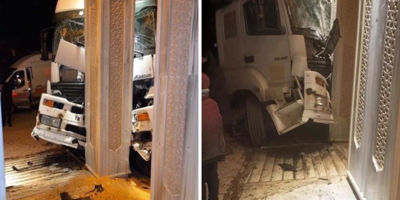 Konya’da park halindeki TIR, freni boşalınca caminin duvarına çarptı