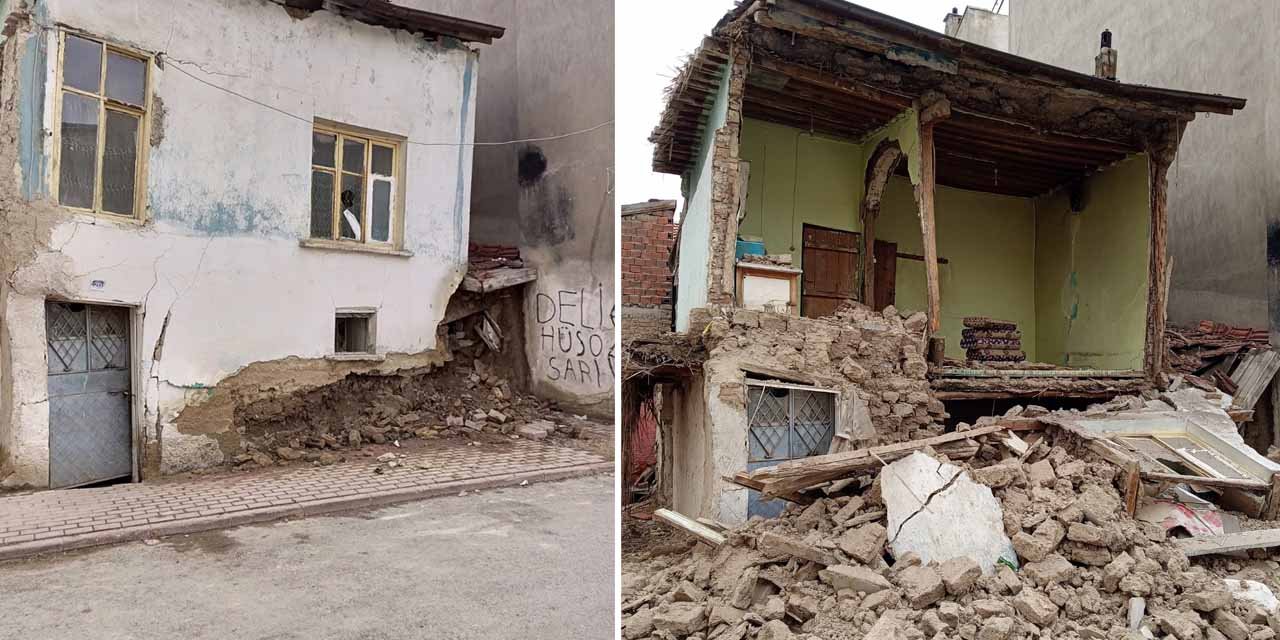 Konya’da bir bölümü yıkılan ev tehlike saçıyor