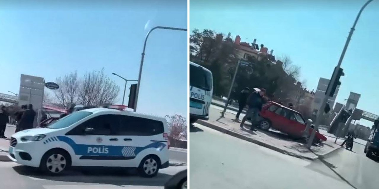 Konya’da çarptığı direk otomobilin üzerine devrildi