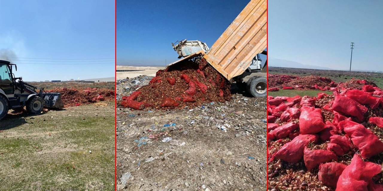 Aksaray’da kamyonlarla getirdikleri 40 ton kuru soğanı boş araziye döktüler