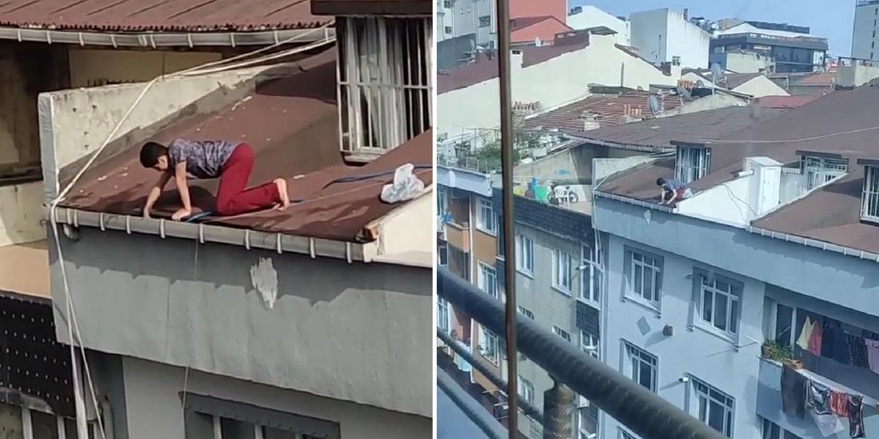 Çatıda tehlikeli temizlik! Yürekleri ağza getirdi