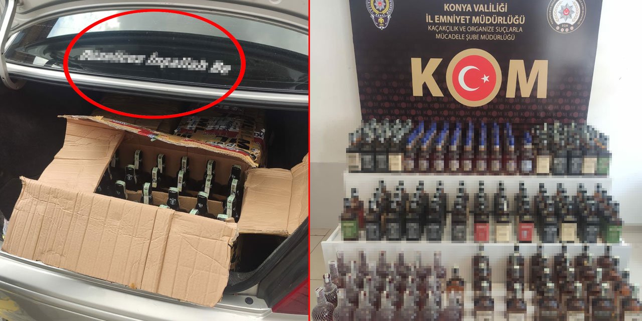 Konya’da kaçak içki ele geçirilen aracın camındaki yazı dikkat çekti
