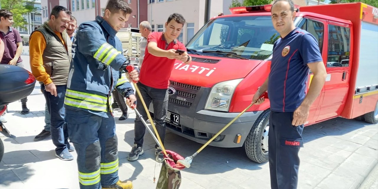 Konya’da apartmanın su borusuna giren yılan itfaiye ekiplerince çıkartıldı