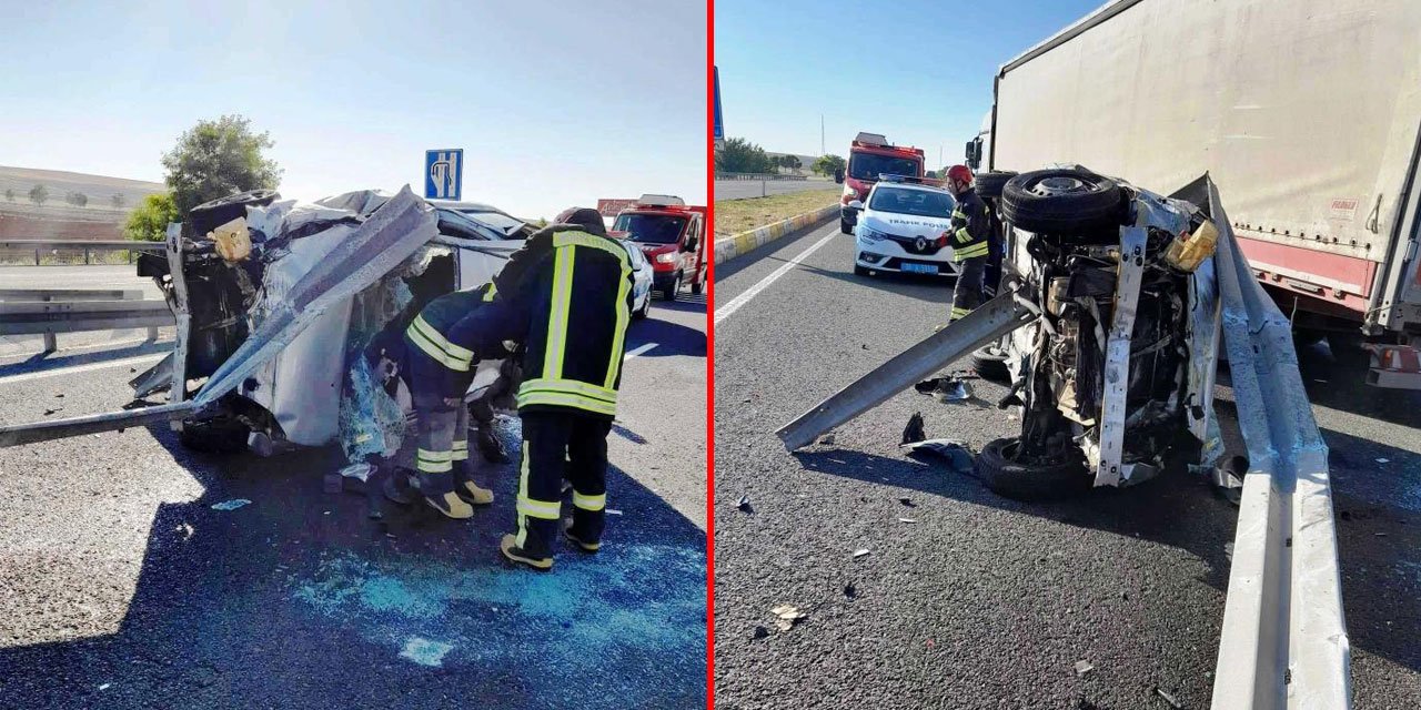 Konya’da bariyerlere çarpan otomobil devrildi