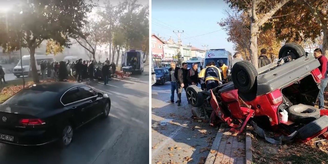 Konya’da refüjdeki ağaçlara çarpan otomobil devrildi: 2 yaralı