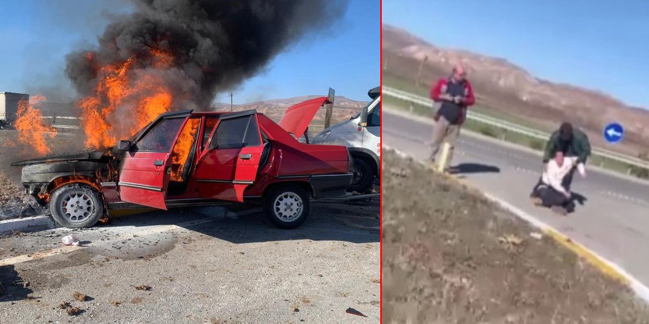 Kaza sonrası otomobil alev aldı! Sürücü “Arabam yanıyor” diyerek yığıldı