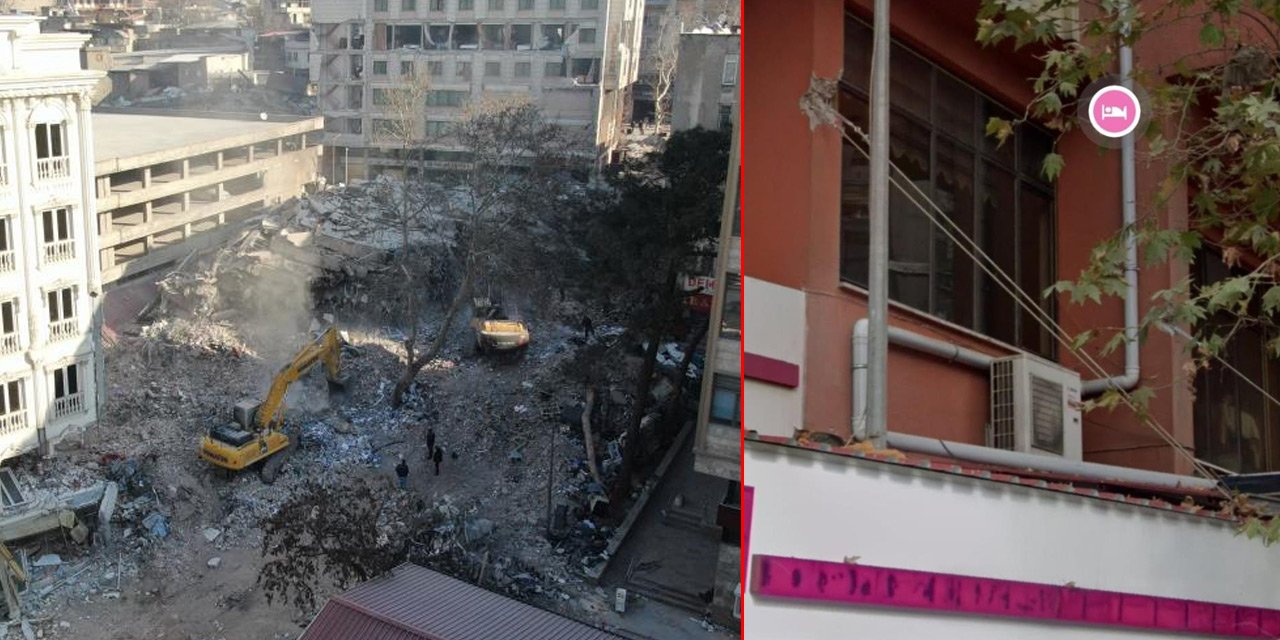 Depremde yerle bir olan otelin kolonları tabela için tahrip edilmiş