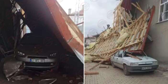 Konya’da fırtına felaketi! Çatı araçların üzerine düştü