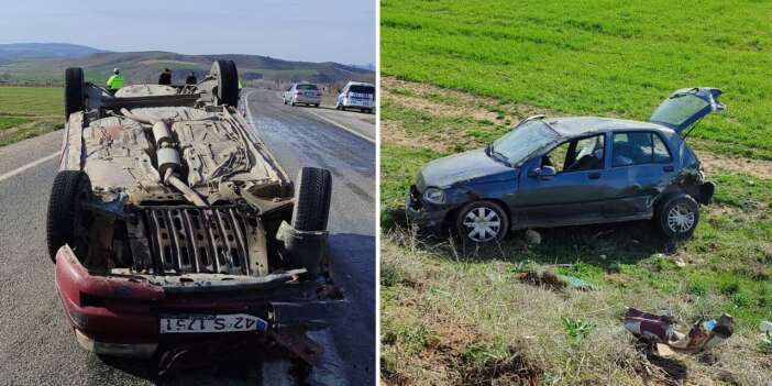 Konya’da iki otomobil çarpıştı! Biri şarampole uçtu, diğeri takla attı