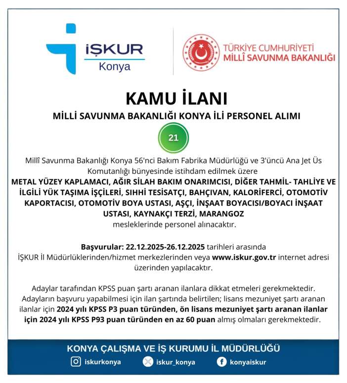 milli-savunma-bakanligi-konyada-21-personel-alacak