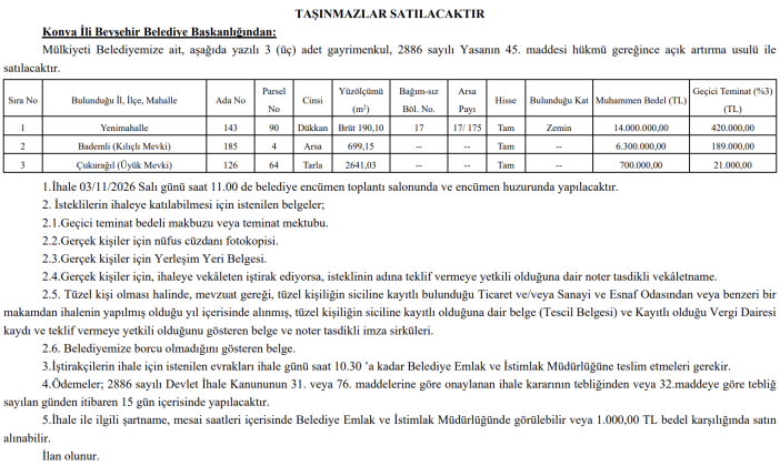 konyada-belediye-3-tasinmazi-satisa-cikardi-fiyatlar-700-bin-tlden-basliyor